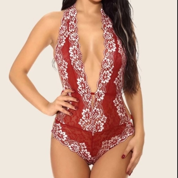 Sexy Semi-Sheer Flowers Embroidered Front Plunge Bodysuit /Teddy Open Back 1PC - Picture 4 of 9